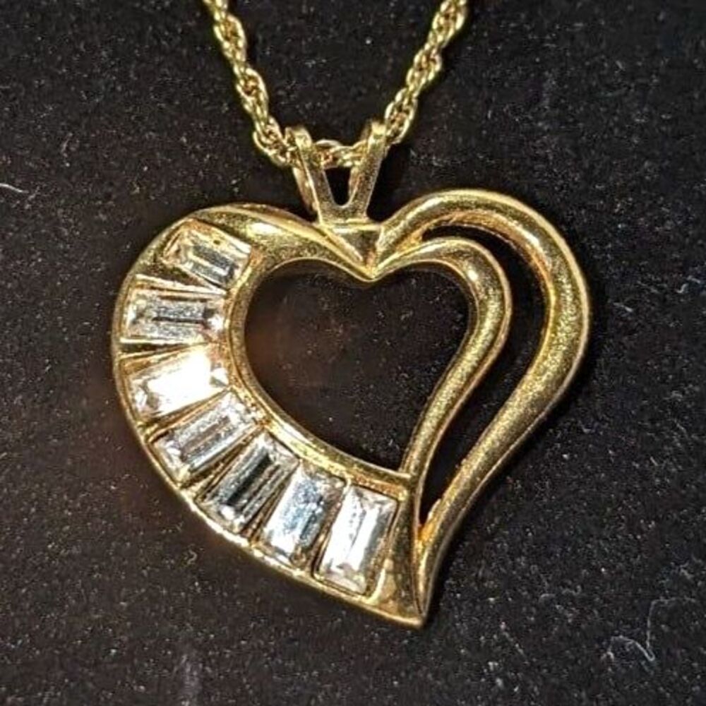 Gold Heart Clear Rhinestone Baguets Necklace